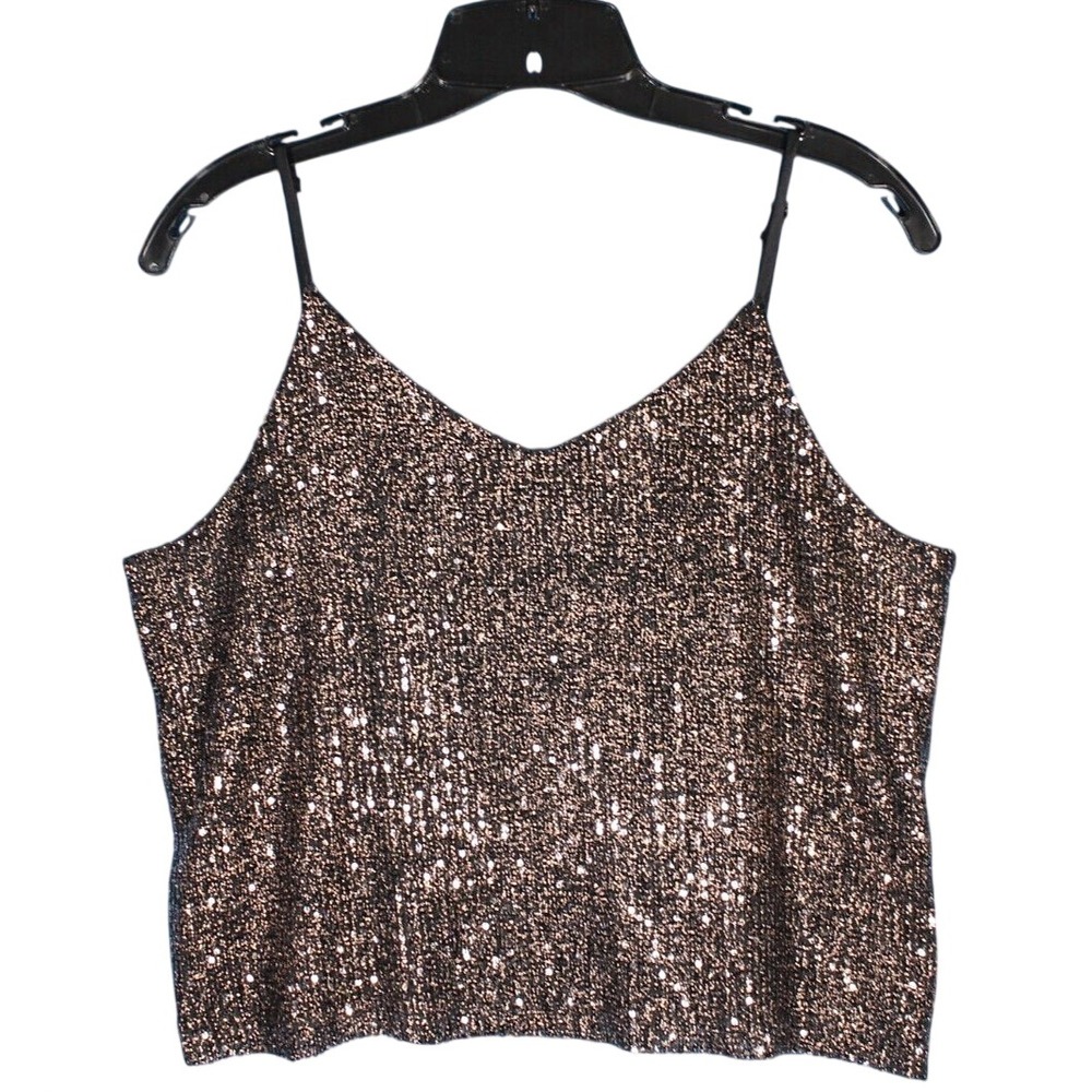 MOLLY BRACKEN Black/Rose Gold LINED SEQUIN MESH Sleeveless TANK TOP/BLOUSE Sz L